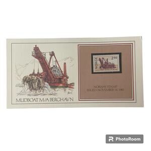 Vtg 1980 Mudboat MA Berghavn Norway Stamp Basil Smith Print Issue 1985 Ship Boat
